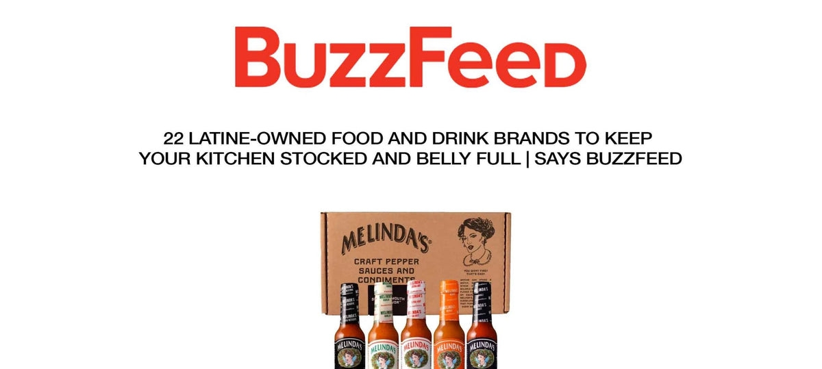 BuzzFeed logo above Melinda's hot sauce gift set with five bottles and cardboard packaging featuring woman's portrait