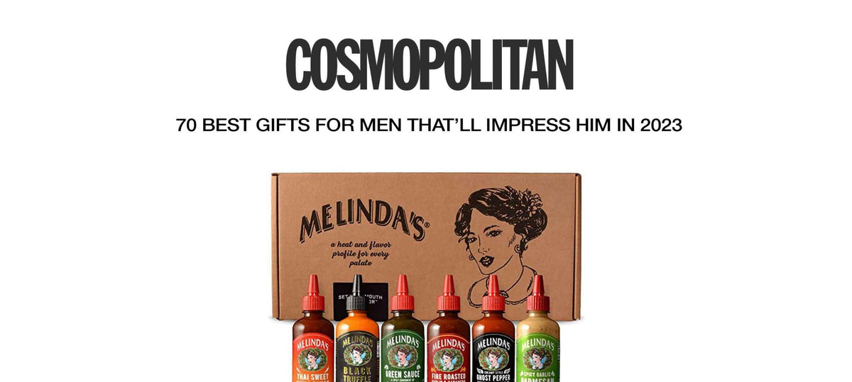 Melinda's hot sauce gift set with six bottles in branded box, featured in Cosmopolitan's best gifts for men 2023 list