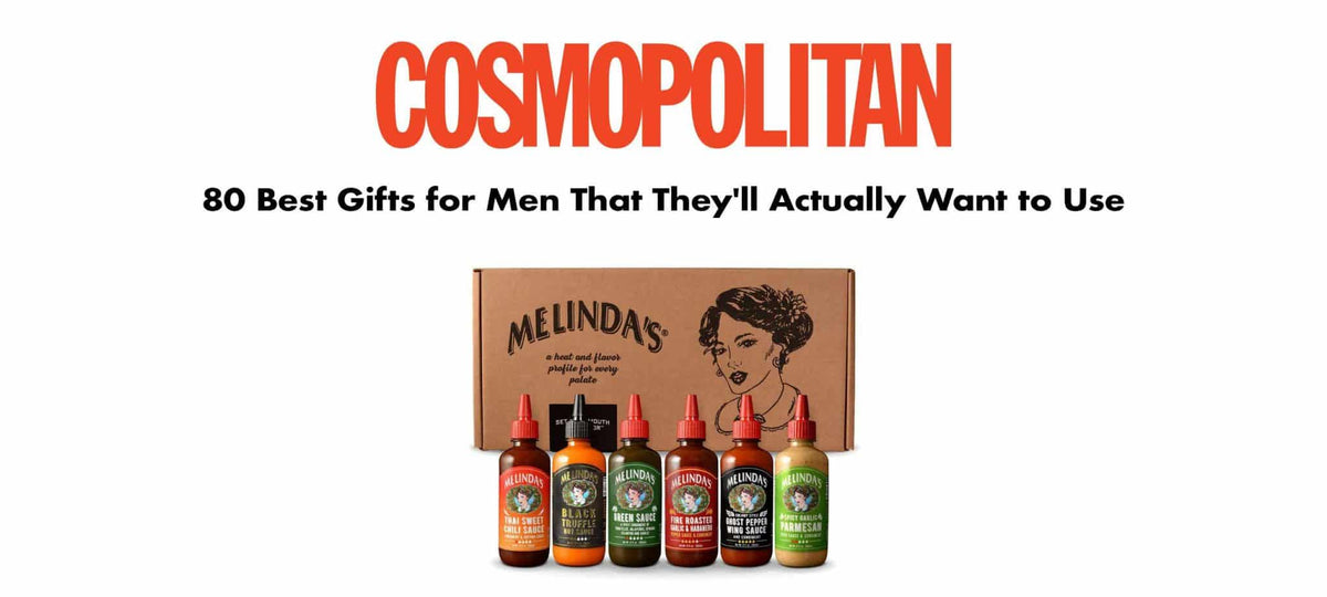 Melinda's hot sauce gift set with six colorful bottles in cardboard packaging, featured in Cosmopolitan's gift guide for men
