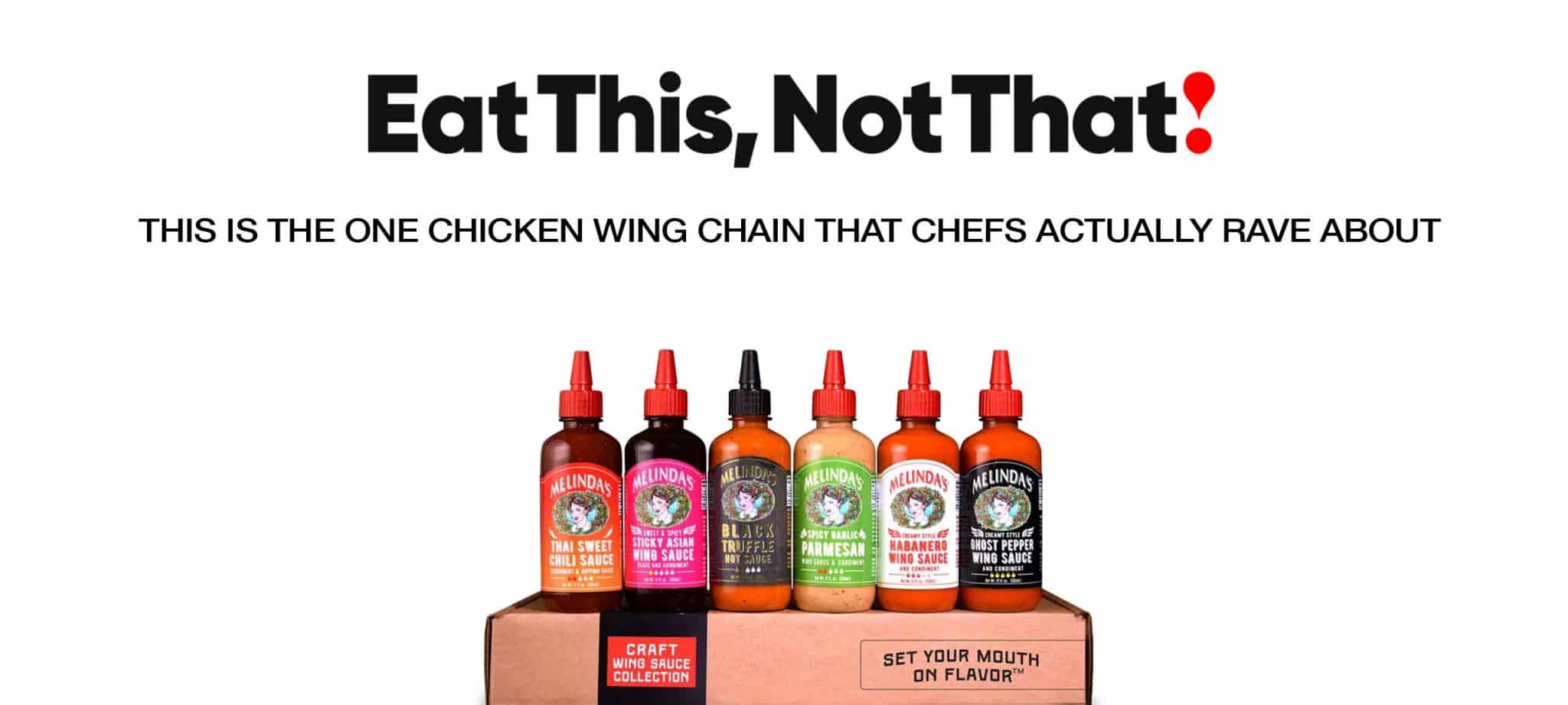 Six bottles of Melinda's wing sauces in various flavors displayed on packaging with 
