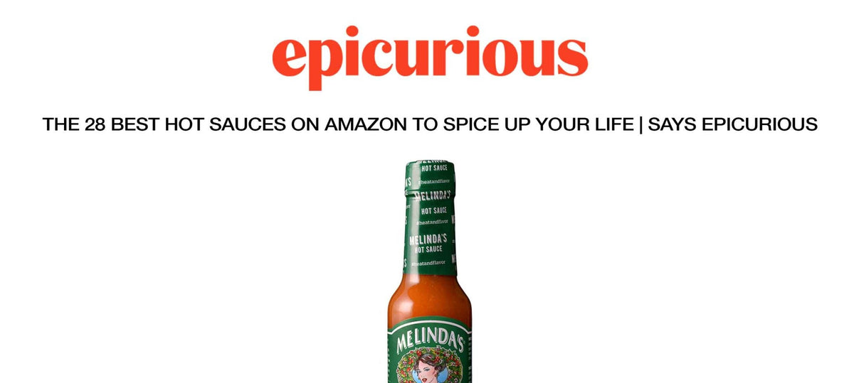 Epicurious logo above headline about best Amazon hot sauces, featuring Melinda's hot sauce bottle with green label
