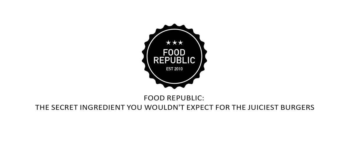 Food Republic logo with three stars above text "EST 2010" and headline about secret ingredient for juiciest burgers
