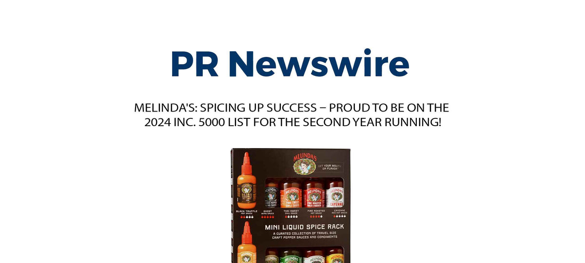 PR Newswire header with Melinda's Mini Liquid Spice Rack product display featuring hot sauces and condiments