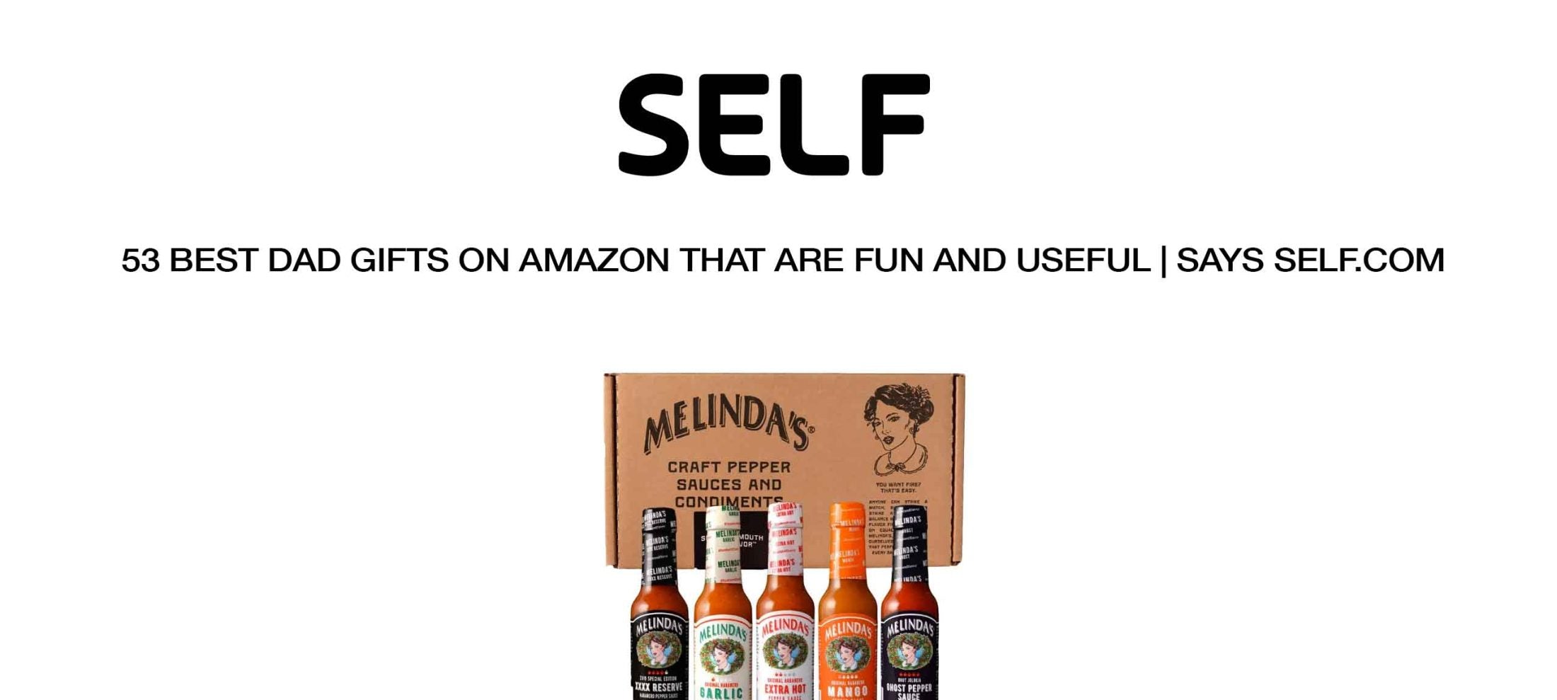 Melinda's craft pepper sauces and condiments gift set with five bottles in front of cardboard packaging box