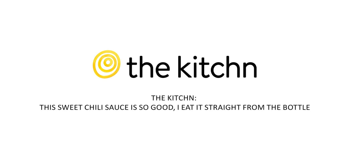 The Kitchn logo with yellow circular icon and black text, featuring article headline about sweet chili sauce