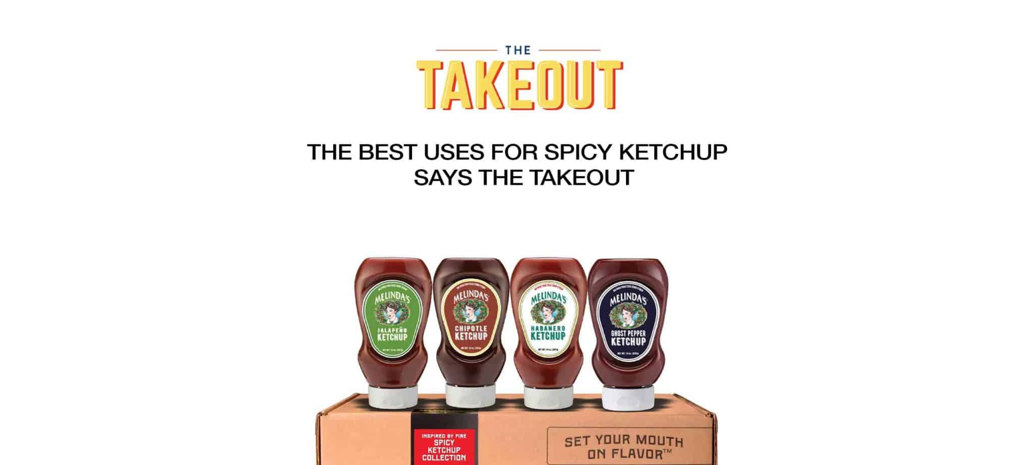 Four bottles of Melinda's spicy ketchup varieties displayed on wooden box with 