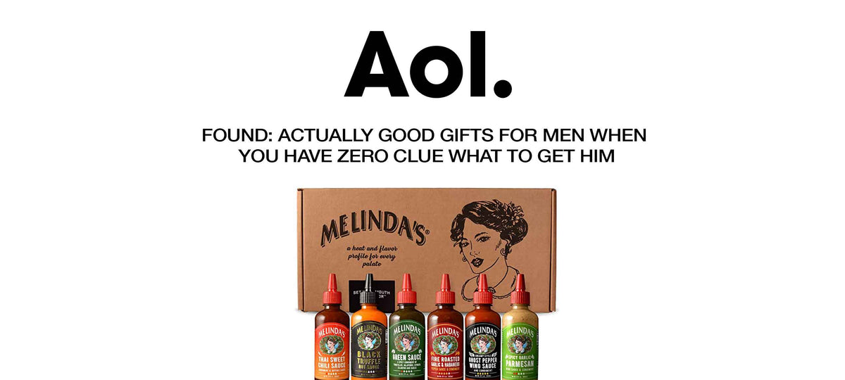 AOL logo with text about finding good gifts for men, featuring Melinda's hot sauce variety pack with six bottles