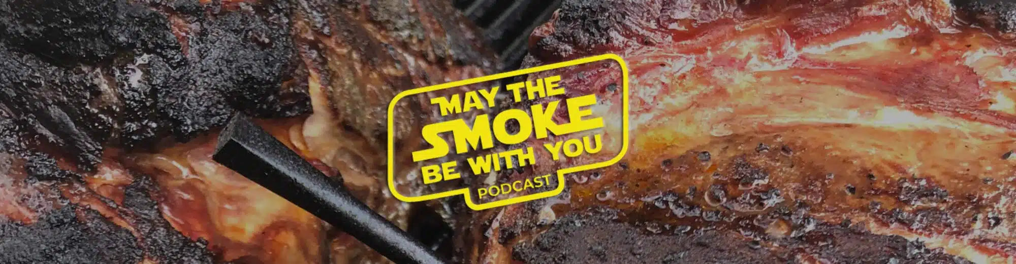 Grilled meat with charred exterior and yellow podcast logo 