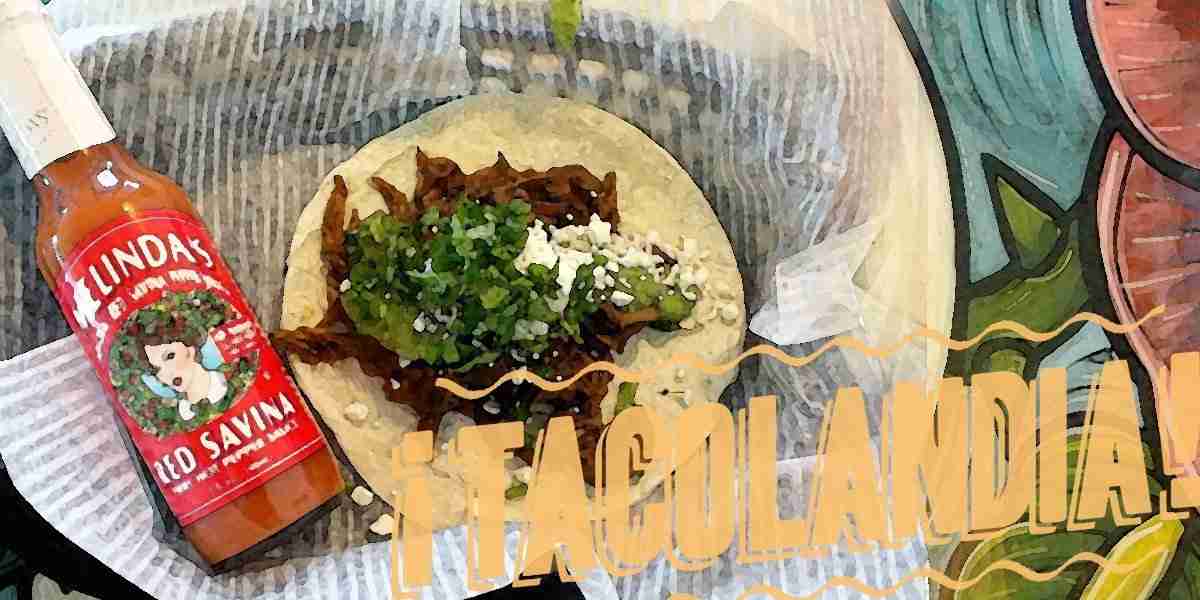 Taco topped with meat, greens, and cheese next to bottle of Melinda's hot sauce with "Tacolandia" text overlay