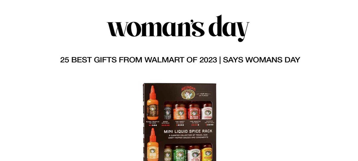 Woman's Day magazine logo above headline "25 BEST GIFTS FROM WALMART OF 2023" with hot sauce gift set displayed below