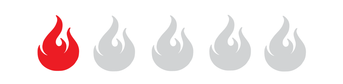 Five flame icons in a row showing heat intensity scale, with first flame in red and remaining four in gray
