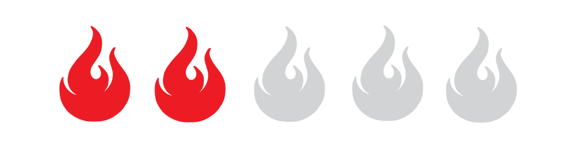 Five flame icons showing heat level progression: two red flames indicating high heat, three gray flames indicating no heat
