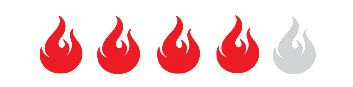 Four red flame icons and one gray flame icon representing spice heat levels