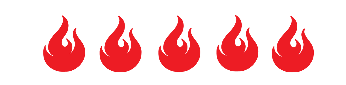 Five red flame icons in a row representing maximum heat level for hot sauce products