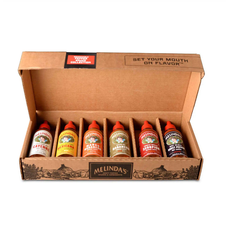 Melinda's hot sauce gift box containing six bottles of different flavored sauces in cardboard packaging