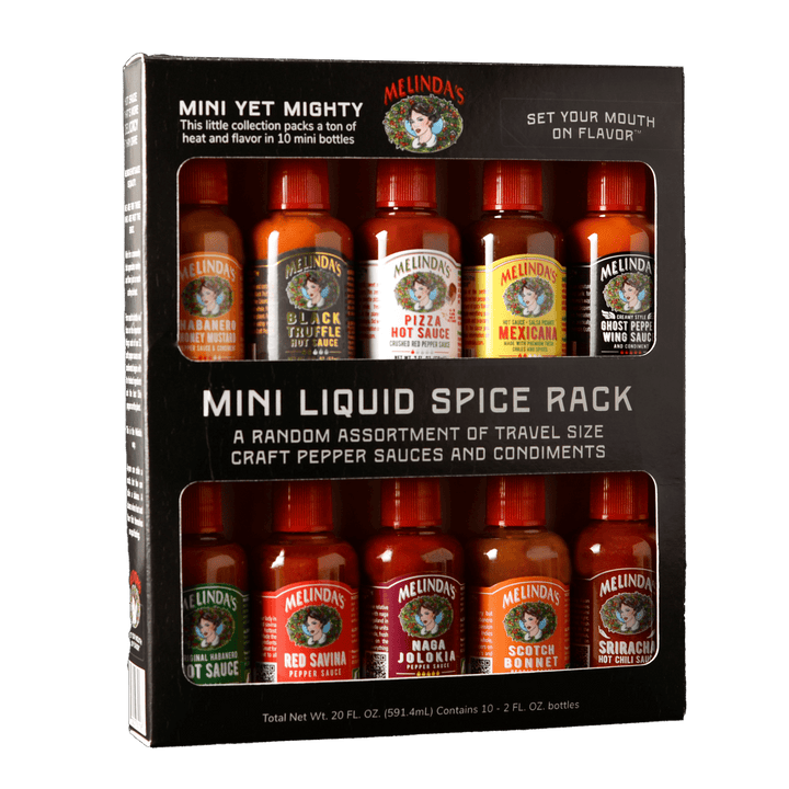 Melinda's Mini Liquid Spice Rack gift set containing 10 small bottles of assorted hot sauces and condiments in black...