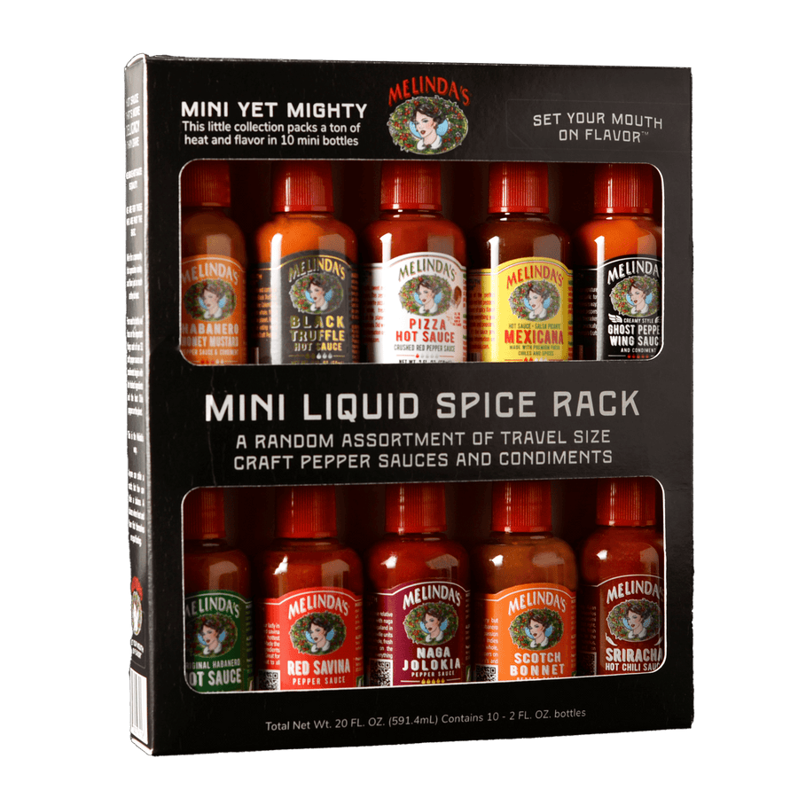 Melinda's Mini Liquid Spice Rack gift set containing 10 small bottles of assorted hot sauces and condiments in black...