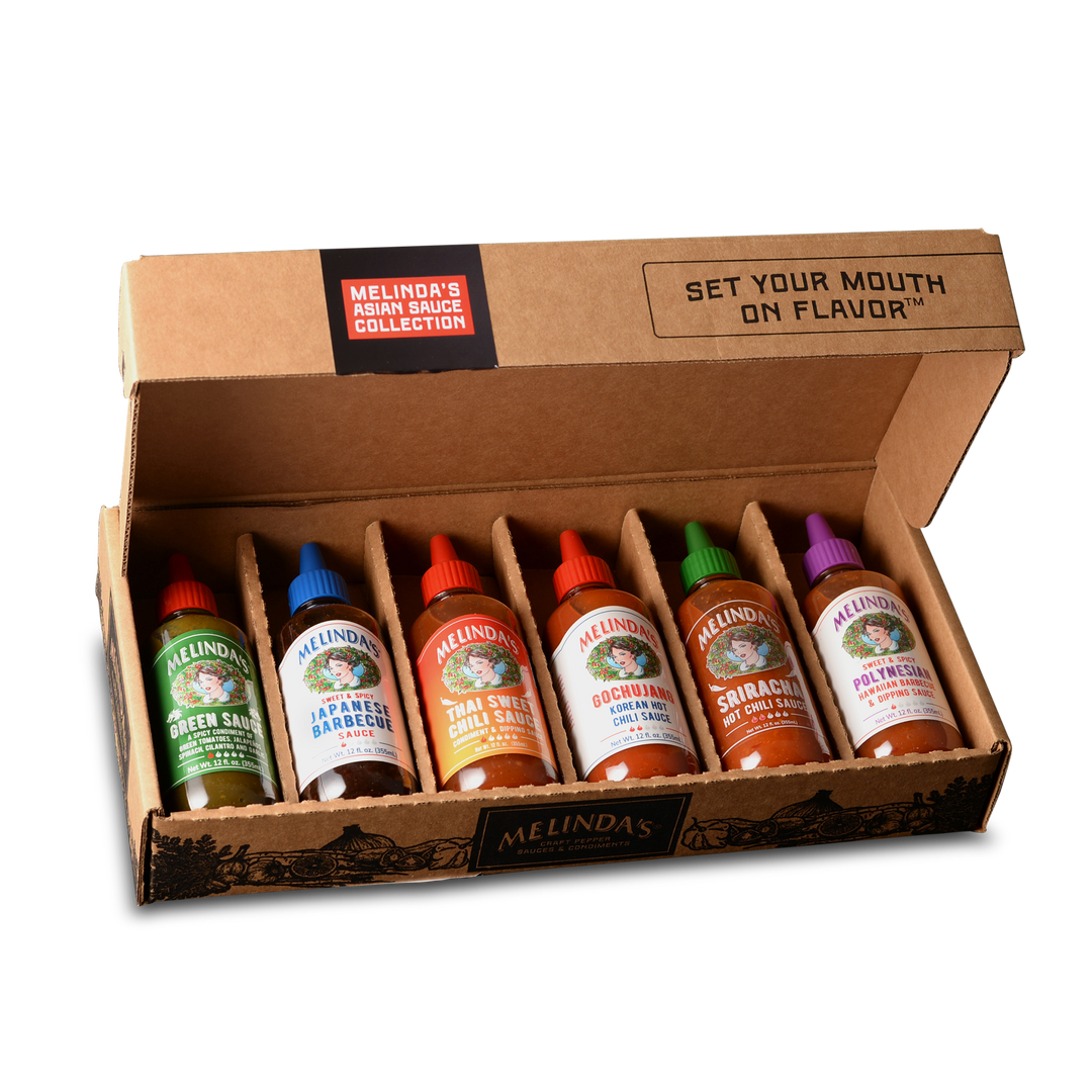 Melinda's Asian Sauce Collection 6-pack in cardboard box with Green Sauce, Japanese Barbecue, Thai Sweet Chili,...