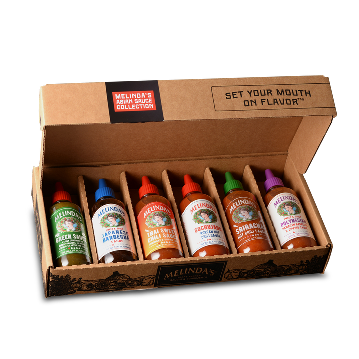 Melinda's Asian Sauce Collection 6-pack in cardboard box with Green Sauce, Japanese Barbecue, Thai Sweet Chili,...