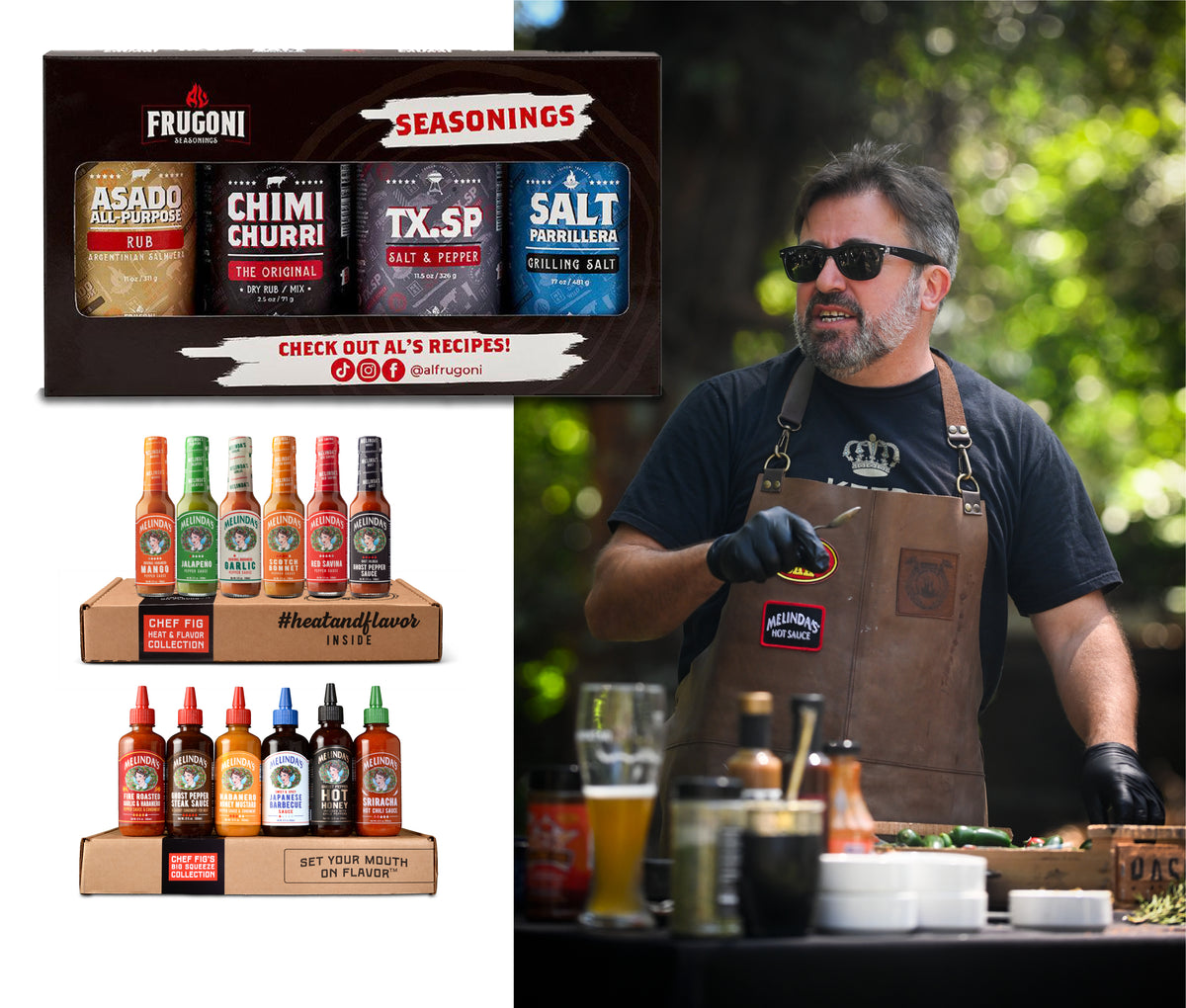 Chef in apron cooking outdoors with display of Frugoni seasonings and Melinda's hot sauce collections