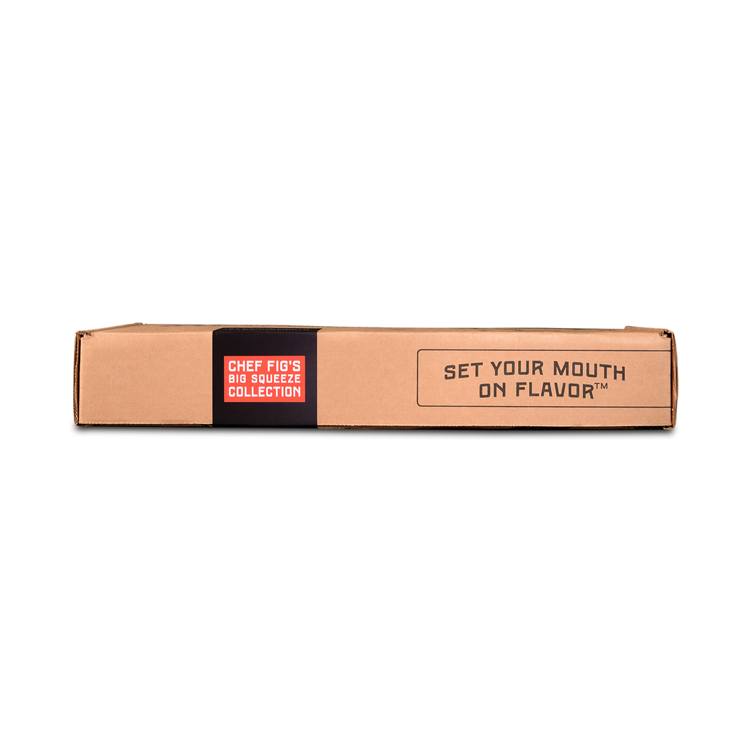 Brown cardboard box with black band featuring "Chef Fig's Big Squeeze Collection" logo and "Set Your Mouth on Flavor" text