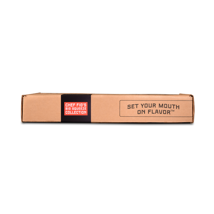 Brown cardboard box with black band featuring "Chef Fig's Big Squeeze Collection" logo and "Set Your Mouth on Flavor" text