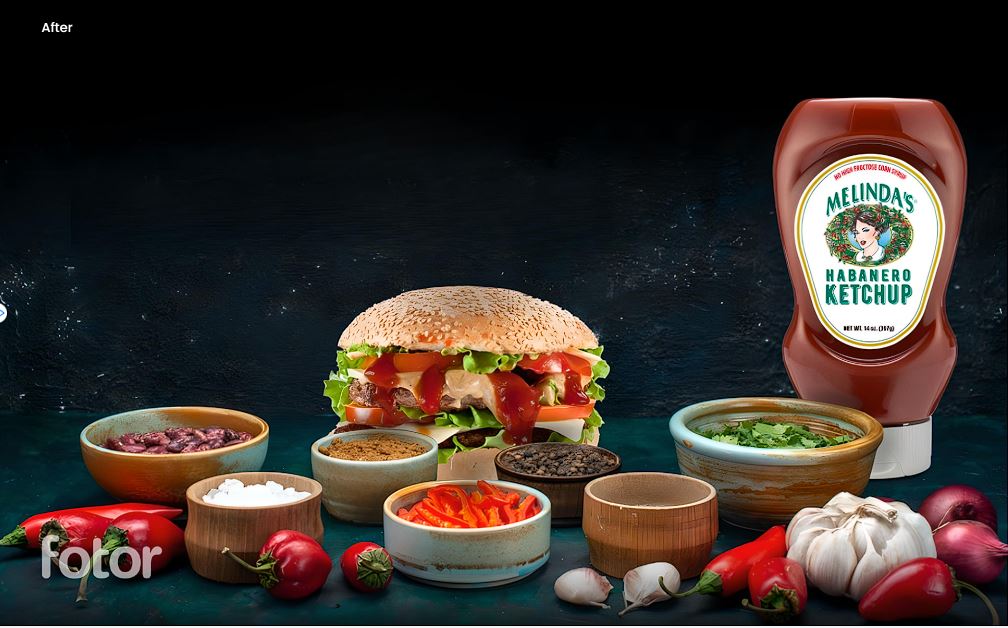 Burger with vegetables and spices surrounding bowls of ingredients, with Melinda's Habanero Ketchup bottle displayed