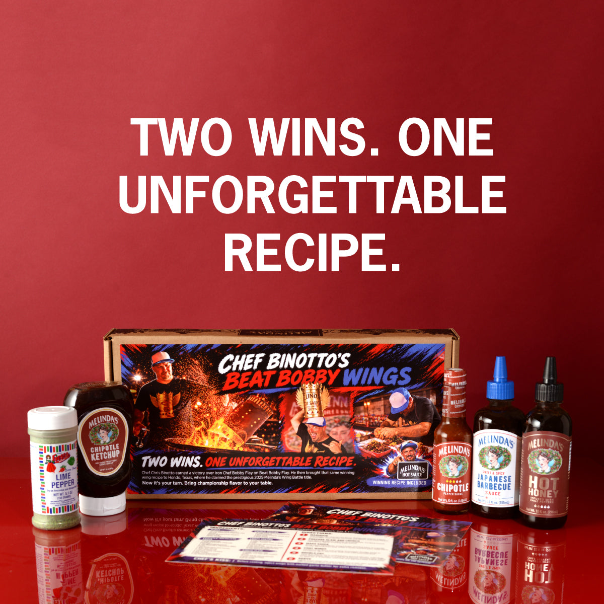 Two wins. One unforgettable recipe. Chef Binotto's Beat Bobby Wings collection with sauces, seasoning, recipe card, and box.