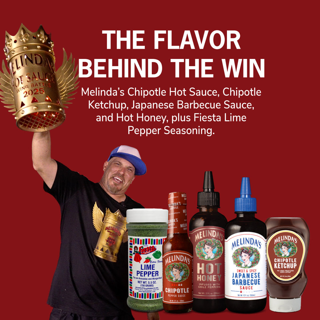 Chef Binotto holds his Wing Battle trophy beside the kit ingredients. The flavor behind the win. Melinda’s Chipotle Hot Sauce, Chipotle Ketchup, Japanese Barbecue Sauce, and Hot Honey, plus Fiesta Lime Pepper Seasoning.