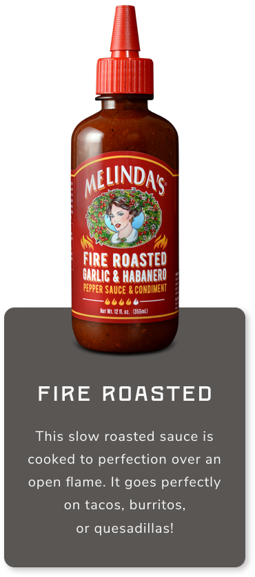 Melinda's Fire Roasted Garlic & Habanero hot sauce bottle with red label and description text below