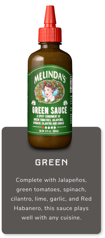 Melinda's Green Sauce bottle with red cap, featuring green tomatoes, jalapeños, spinach, cilantro, lime, garlic ingredients