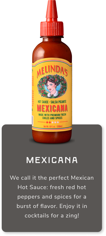 Melinda's Mexicana Hot Sauce bottle with yellow label featuring woman's portrait, red cap, brown amber glass