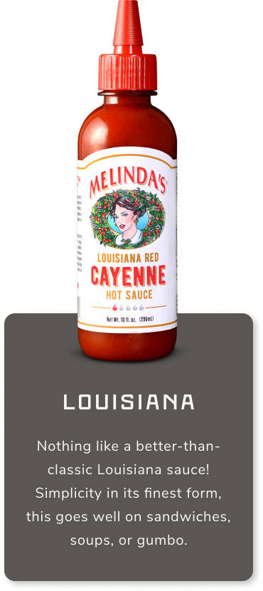Melinda's Louisiana Red Cayenne Hot Sauce bottle with red cap and label featuring woman's portrait, alongside product...
