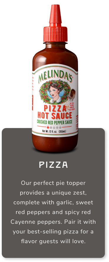 Melinda's Pizza Hot Sauce bottle with red cap and label featuring garlic, sweet red peppers, and spicy Cayenne peppers