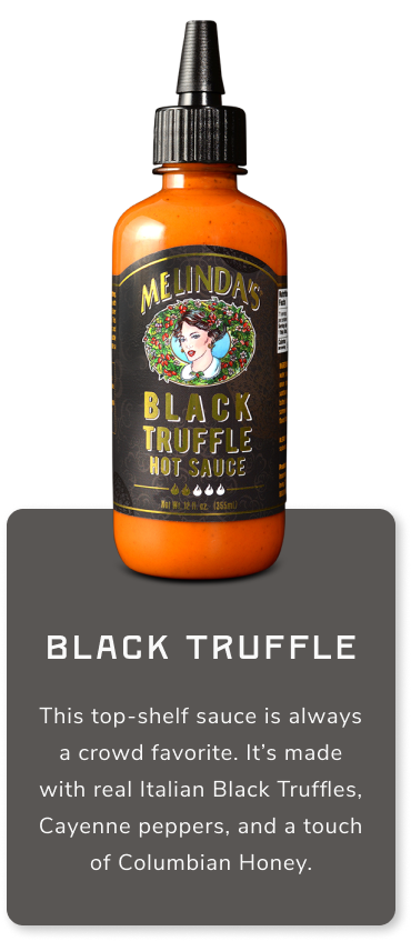 Melinda's Black Truffle Hot Sauce bottle with orange liquid and black cap, featuring brand logo with woman's face