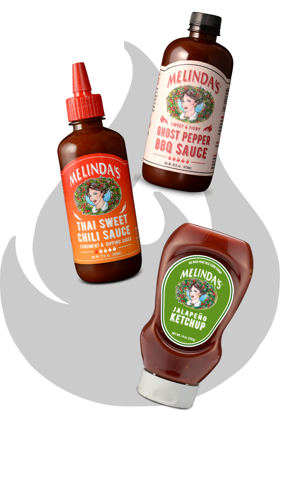 Three Melinda's sauce bottles arranged in a circle: Thai Sweet Chili Sauce, Ghost Pepper BBQ Sauce, and Jalapeño Ketchup