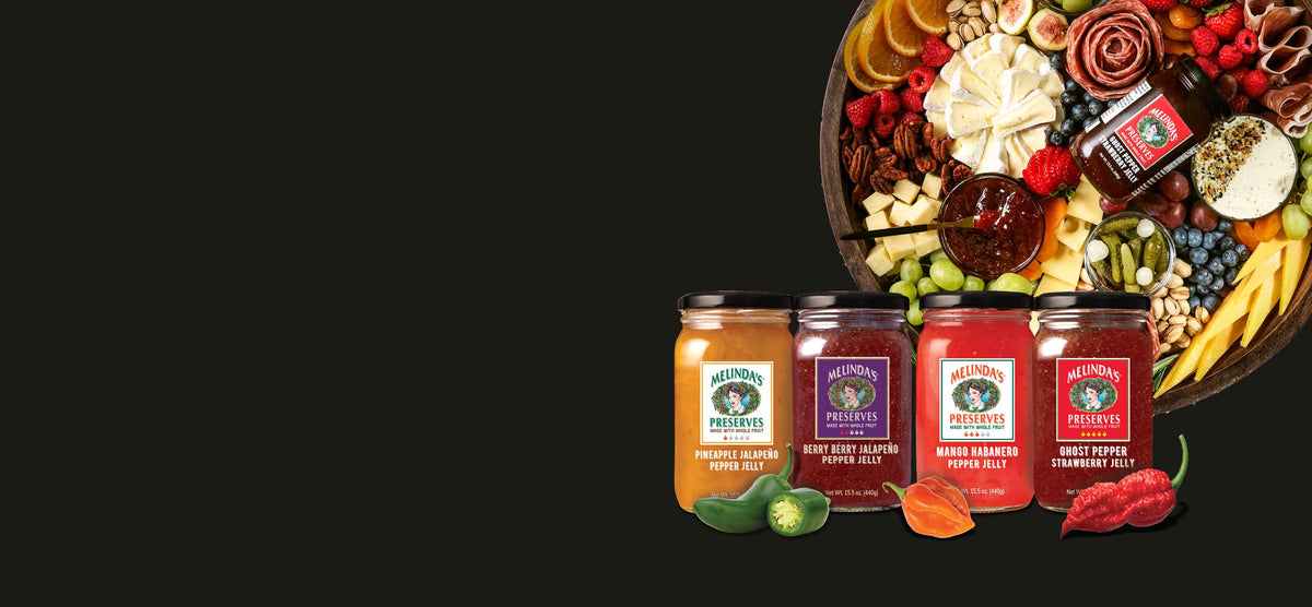 MELINDA'S PRESERVES PINEAPPLE JALAPEÑO PEPPER JELLY. MELINDA'S PRESERVES BERRY BERRY JALAPEÑO PEPPER JELLY. MELINDA'S PRESERVES MANGO HABANERO PEPPER JELLY. MELINDA'S PRESERVES GHOST PEPPER STRAWBERRY JELLY