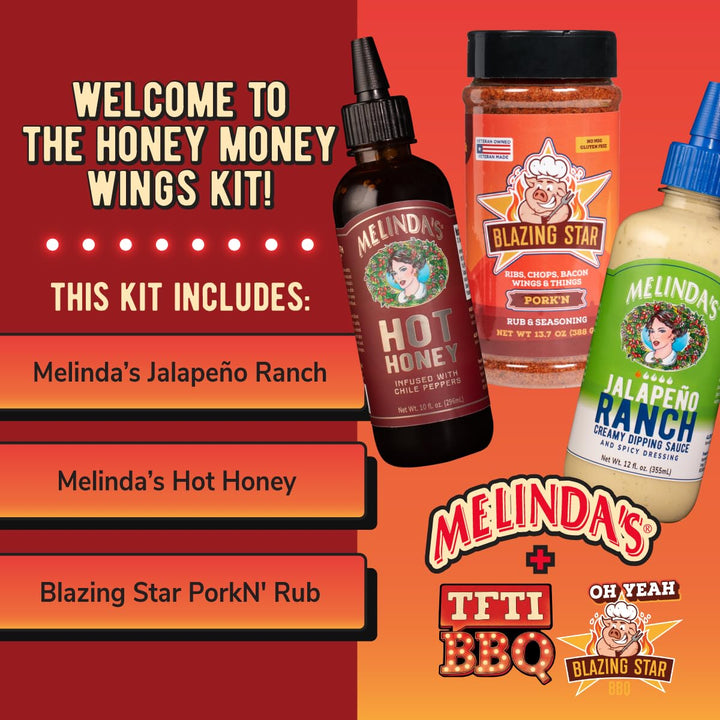 Honey Money Wings Kit featuring three Melinda's products: Jalapeño Ranch, Hot Honey sauce, and Blazing Star PorkN' Rub