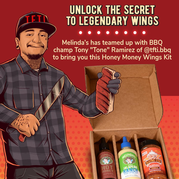 Illustrated man in plaid shirt and cap holding hot sauce bottle next to open box containing three Melinda's sauce bottles