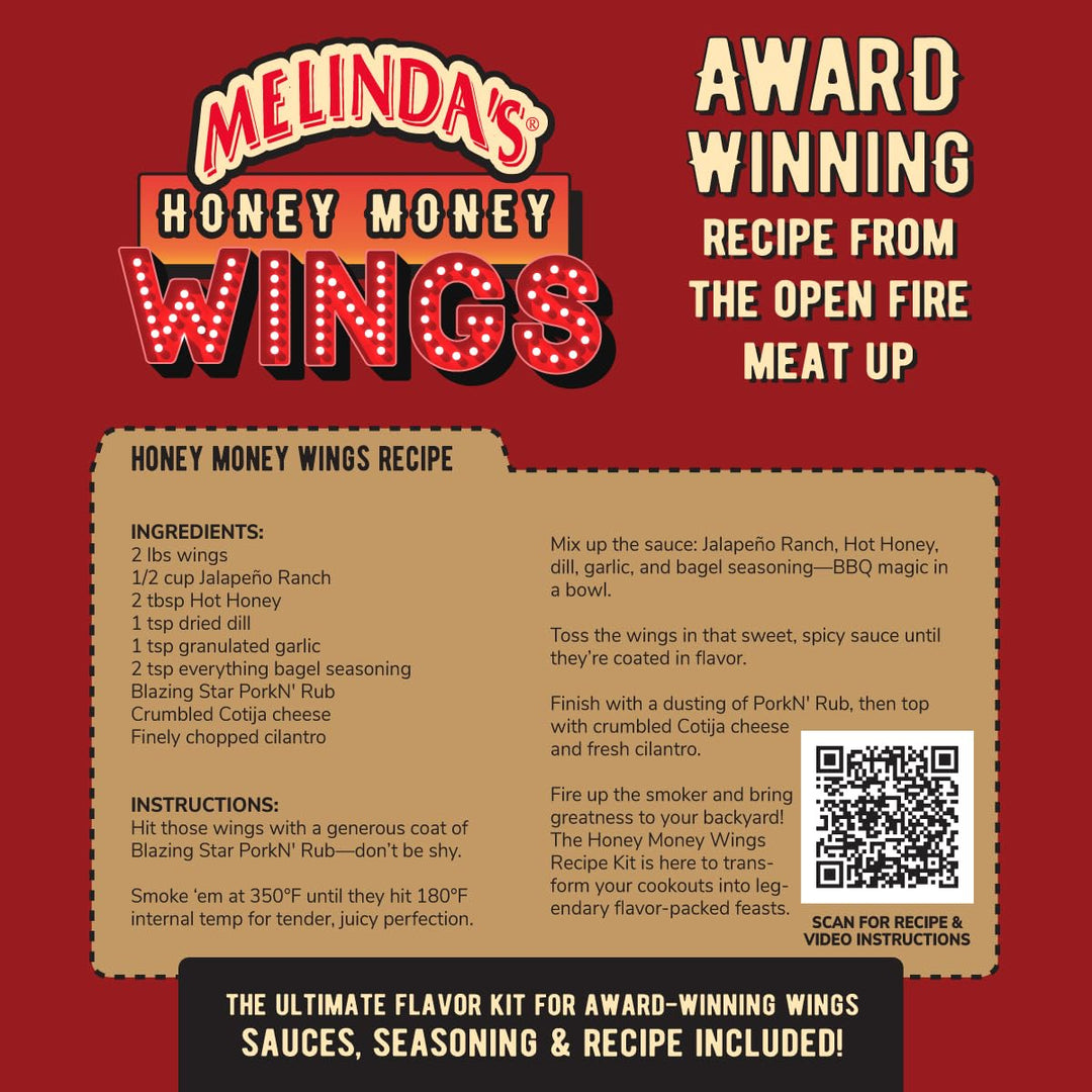 Melinda's Honey Money Wings recipe card showing ingredients, cooking instructions, and award-winning barbecue wing...
