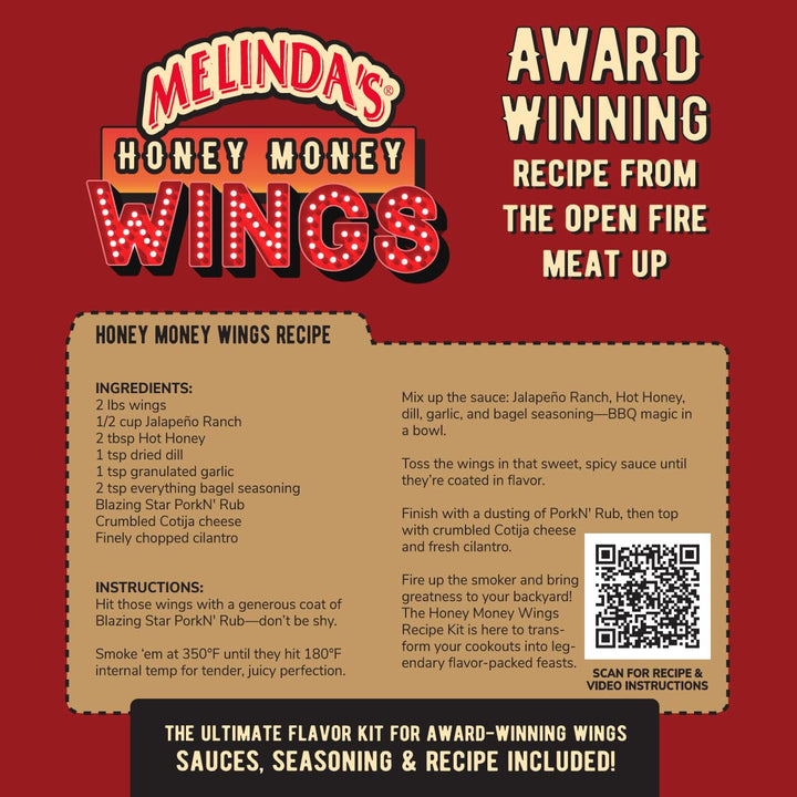 Melinda's Honey Money Wings recipe card showing ingredients, cooking instructions, and award-winning barbecue wing...