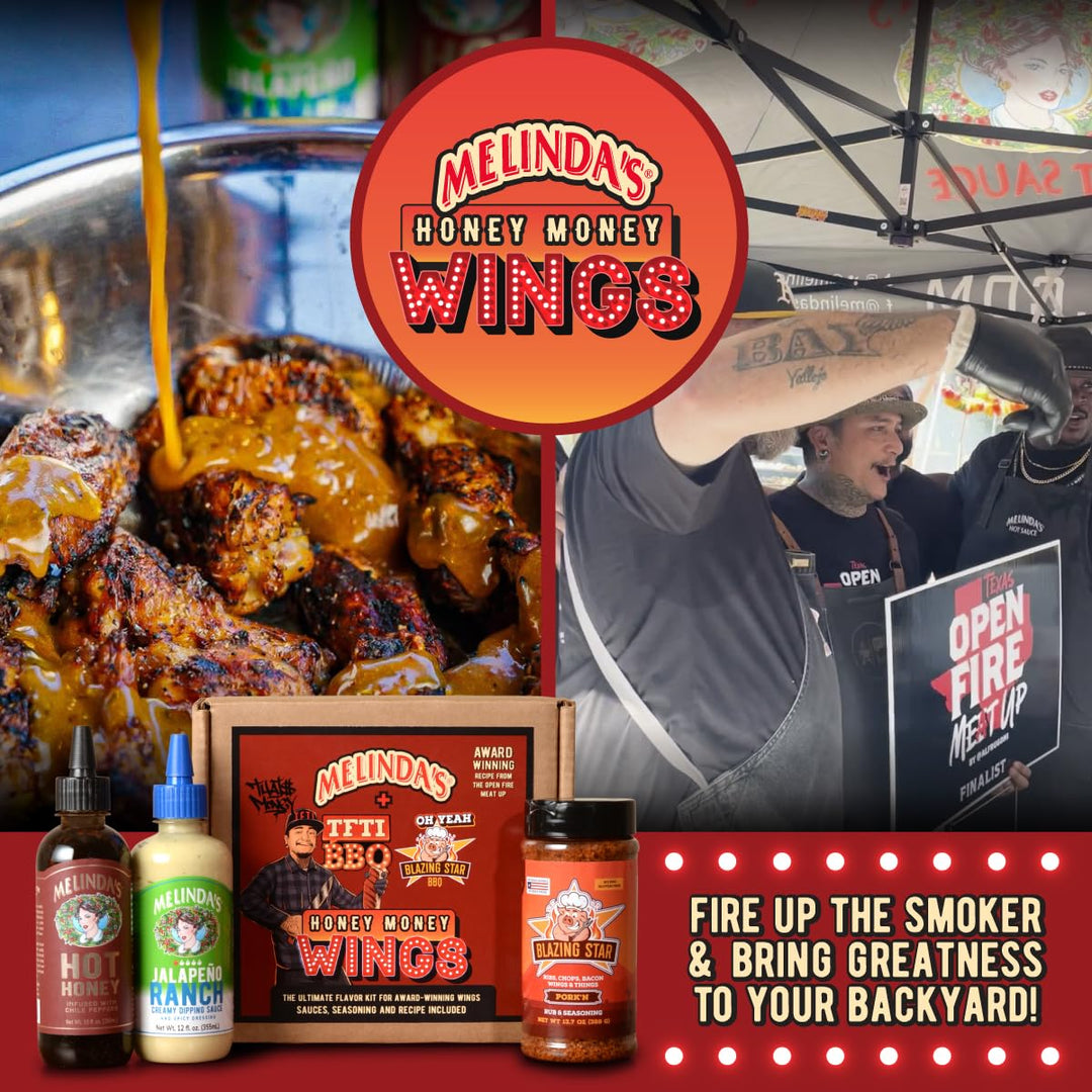 Melinda's Honey Money Wings promotional image featuring glazed chicken wings, sauce bottles, and chef at food truck with...