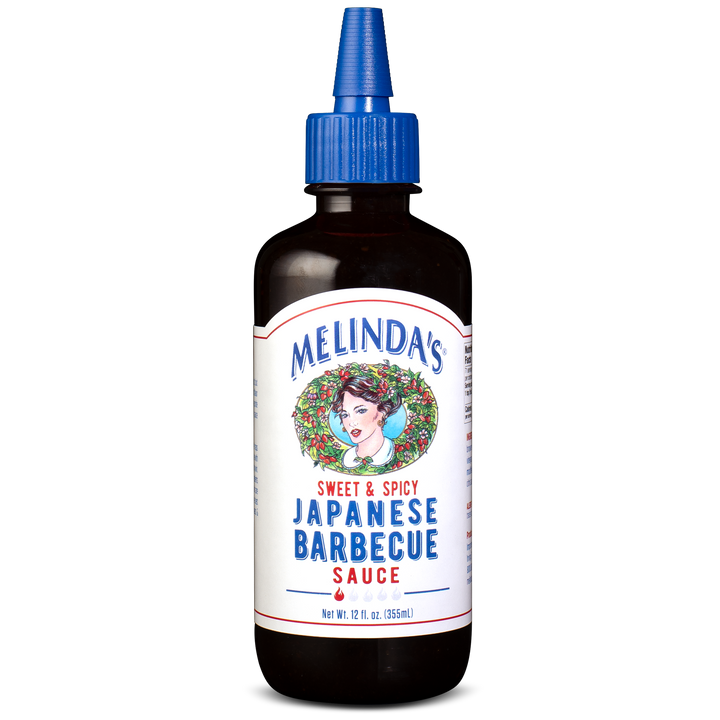 Melinda's Sweet & Spicy Japanese Barbecue Sauce bottle with blue cap and white label featuring woman's portrait