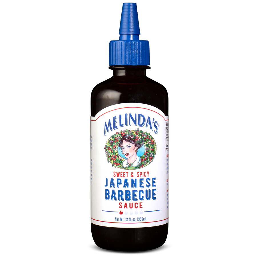 Melinda's Sweet & Spicy Japanese Barbecue Sauce bottle with blue cap and white label featuring woman's portrait