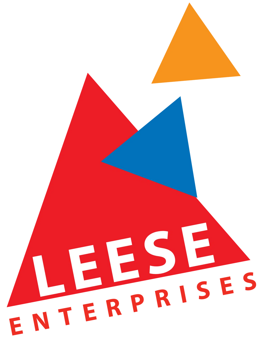 Logo for Leese Enterprises featuring overlapping red and blue triangles with an orange triangle above on white background