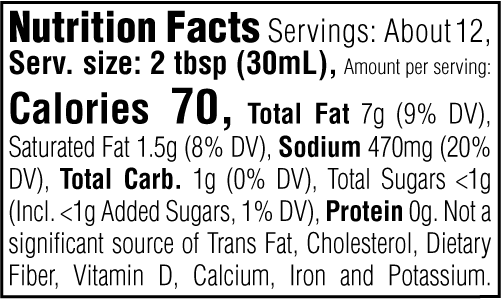 Nutrition Facts. Servings: About 12. Serving size: 2 tbsp (30mL). Calories 70. Total Fat 7g (9% DV). Saturated Fat 1.5g (8% DV). Sodium 470mg (20% DV). Total Carbohydrate 1g (0% DV). Total Sugars <1g. Includes <1g Added Sugars (1% DV). Protein 0g. Not a significant source of Trans Fat, Cholesterol, Dietary Fiber, Vitamin D, Calcium, Iron and Potassium.