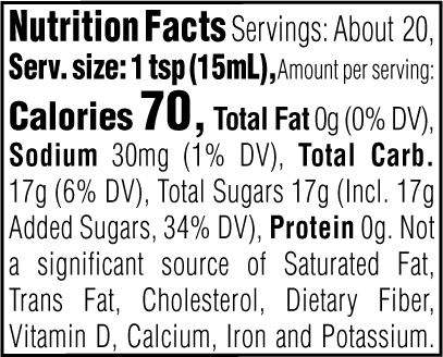 Nutrition Facts. Servings: About 20. Serving size: 1 tsp (15mL). Calories 70. Total Fat 0g (0% DV). Sodium 30mg (1% DV). Total Carbohydrate 17g (6% DV). Total Sugars 17g. Includes 17g Added Sugars (34% DV). Protein 0g. Not a significant source of Saturated Fat, Trans Fat, Cholesterol, Dietary Fiber, Vitamin D, Calcium, Iron and Potassium.