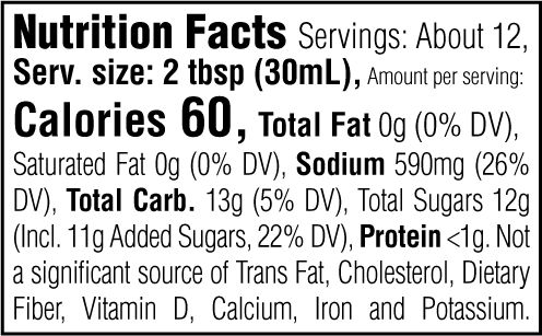 Nutrition Facts. Servings: About 12. Serving size: 2 tbsp (30mL). Calories 60. Total Fat 0g (0% DV). Saturated Fat 0g (0% DV). Sodium 590mg (26% DV). Total Carbohydrate 13g (5% DV). Total Sugars 12g. Includes 11g Added Sugars (22% DV). Protein <1g. Not a significant source of Trans Fat, Cholesterol, Dietary Fiber, Vitamin D, Calcium, Iron and Potassium.