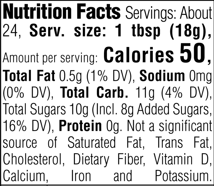 Nutrition Facts. Servings: About 24. Serving size: 1 tbsp (18g). Calories 50. Total Fat 0.5g (1% DV). Sodium 0mg (0% DV). Total Carbohydrate 11g (4% DV). Total Sugars 10g. Includes 8g Added Sugars (16% DV). Protein 0g. Not a significant source of Saturated Fat, Trans Fat, Cholesterol, Dietary Fiber, Vitamin D, Calcium, Iron and Potassium.