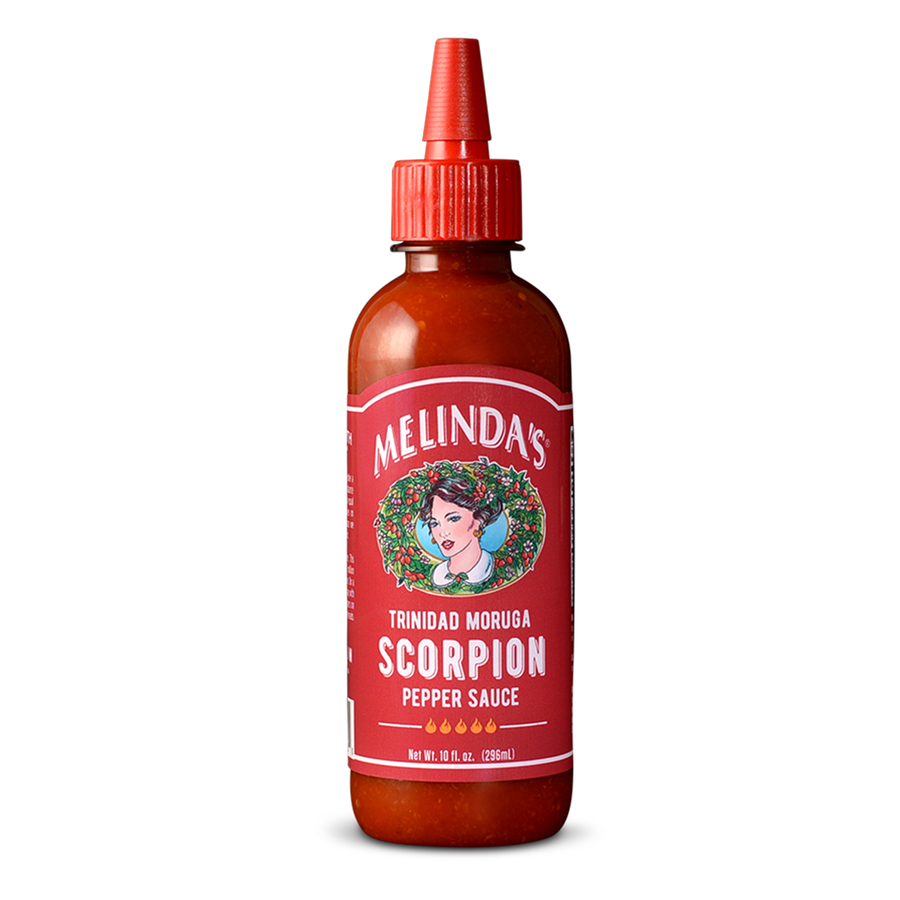 Melinda's Trinidad Moruga Scorpion Pepper Sauce bottle with red label and woman's portrait, 10 fl oz amber glass bottle